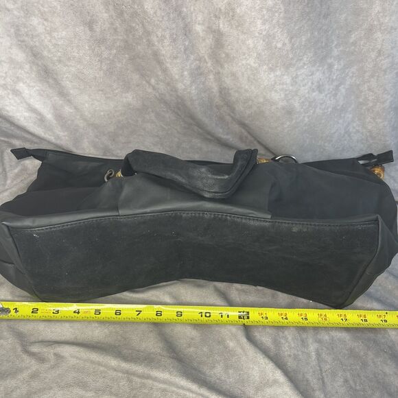 Coldwater Creek Black Polyurethane Hobo Shoulder Bag Purse Bamboo Trim Handles - Picture 7 of 9